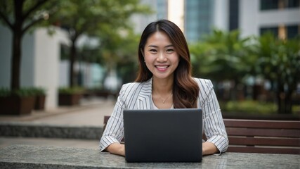 Cheerful young asian businesswoman using laptop