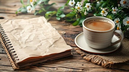 Open notebook and cup of coffee in a cozy rustic setting with flowers
