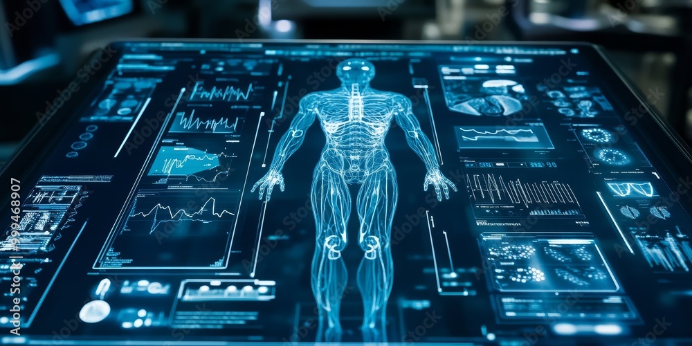 Fototapete a medical AI interface, analyzing patient data in real-time, with visible diagnostic results and personalized treatment options.