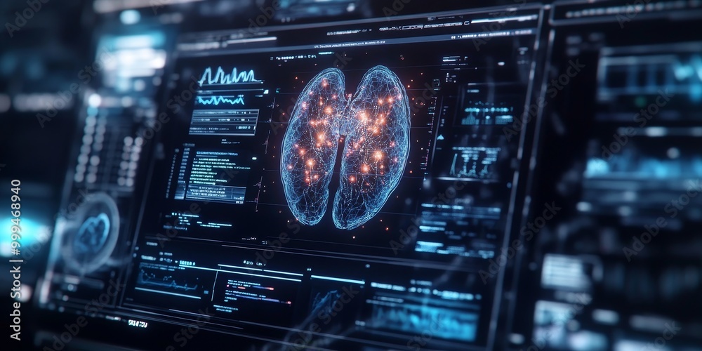 Aufkleber a medical ai interface, analyzing patient data in real-time, with visible diagnostic results and per