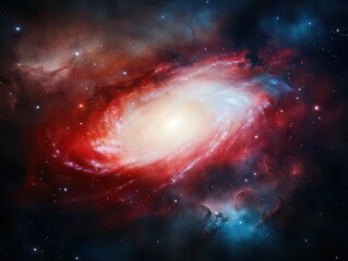 Fototapeta premium A stunning cosmic view of a vibrant galaxy with swirling reds and blues, showcasing the beauty of the universe.
