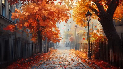 Fototapeta premium Autumnal Street Scene with Falling Leaves