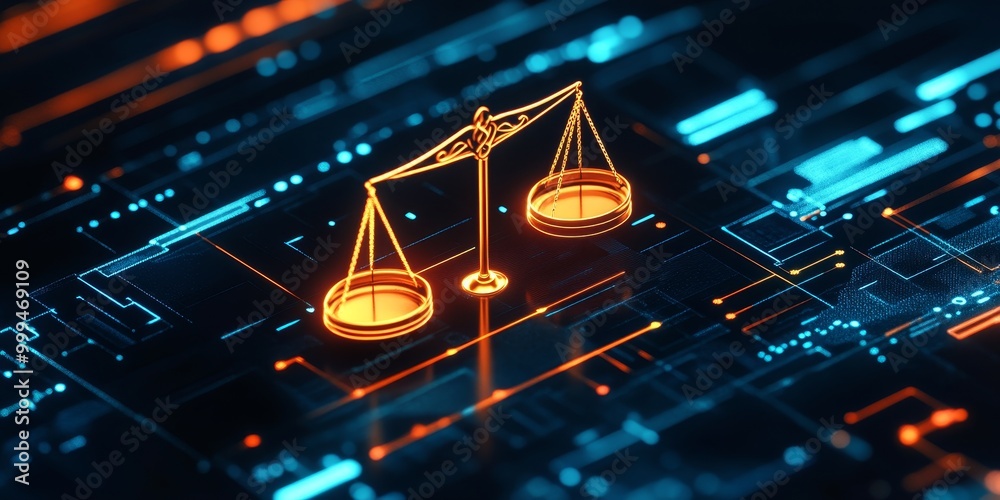 Aufkleber Macro shot of a balance scale icon on a screen, symbolizing fairness and ethics in AI decision-making algorithms.