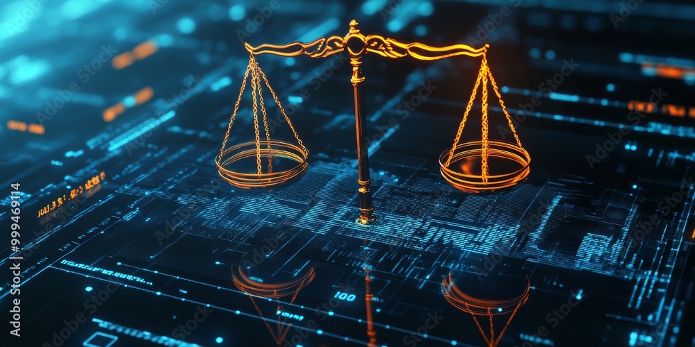 Aufkleber Macro shot of a balance scale icon on a screen, symbolizing fairness and ethics in AI decision-making algorithms.