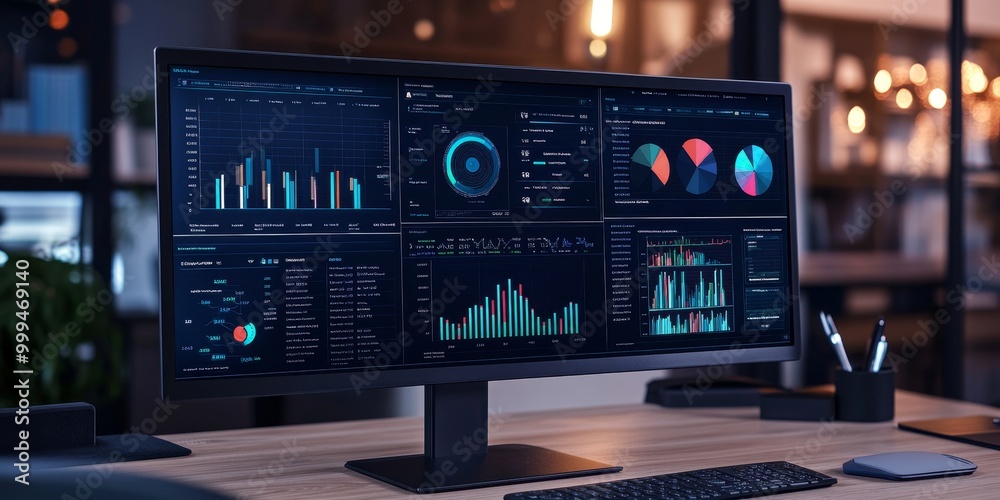 Poster Detailed view of an AI ethics dashboard, where real-time analysis monitors algorithmic bias and fairness, ensuring responsible AI development.