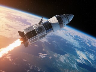 Obraz premium A stunning rocket launches into space, showcasing technology and adventure above the Earth's atmosphere.