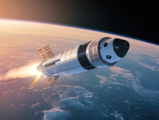 Fototapeta premium A stunning rocket launches into space above Earth, leaving a trail of fire and smoke in a breathtaking cosmic view.