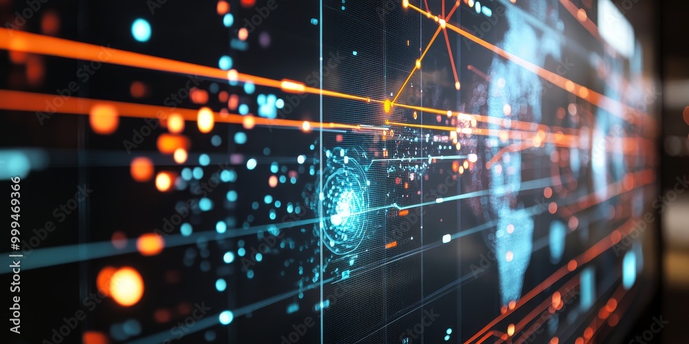 Fototapete Macro shot of a screen showing real-time AI data processing, displaying intricate visualizations and large datasets for advanced analytics.