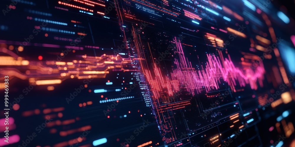 Aufkleber Macro shot of a screen showing real-time AI data processing, displaying intricate visualizations and large datasets for advanced analytics.