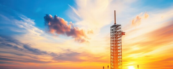 Obraz premium A stunning view of a tower silhouetted against a vibrant sunset sky filled with colorful clouds and warm sunlight.