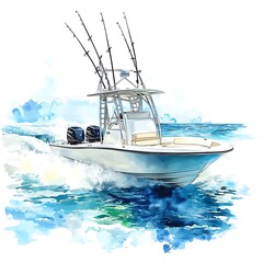 Watercolor Illustration of a White Fishing Boat on the Ocean.