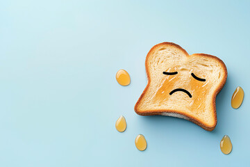 Lonely piece of toast with sad face and syrup droplets. Minimal creative concept of Blue Monday with copy space