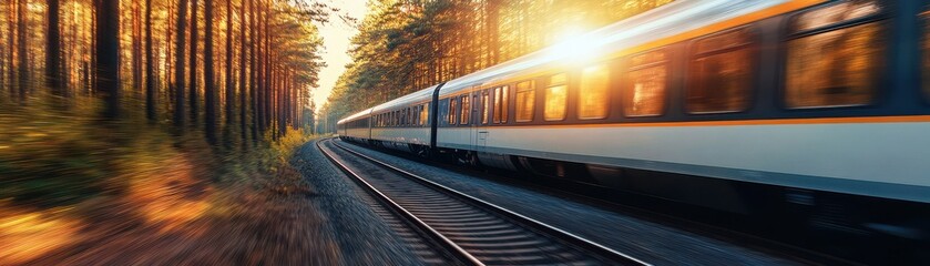 Fototapeta premium A train speeds through a scenic forest, illuminated by the golden glow of sunset, creating a vibrant and dynamic travel atmosphere.