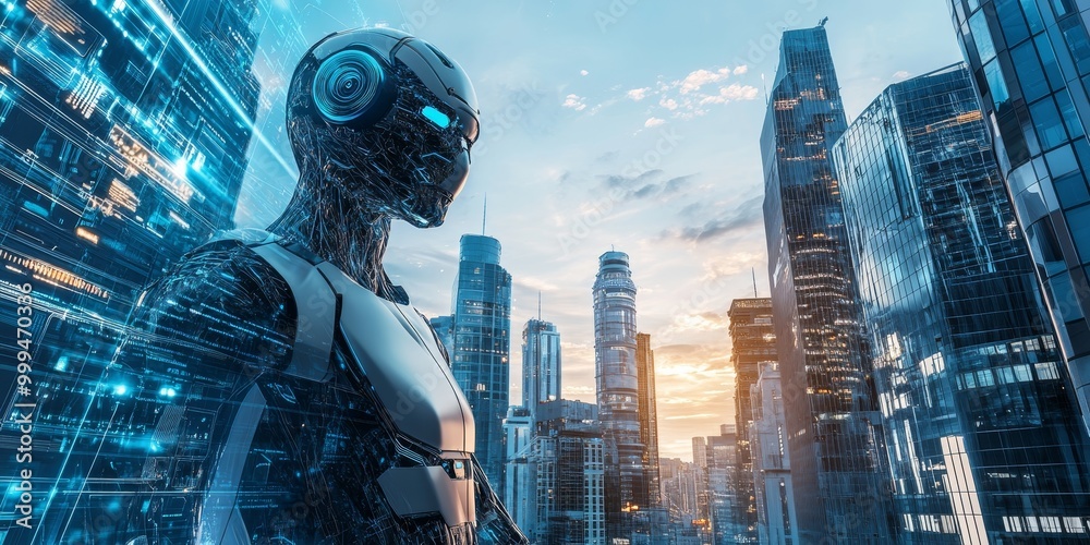 Poster Smart building technology with robotic integration, featuring advanced AI systems and sleek, high-tech design in a futuristic city.