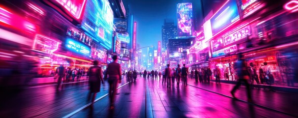 Obraz premium A vibrant city scene illuminated by neon lights, showcasing urban life and movement in a bustling environment.
