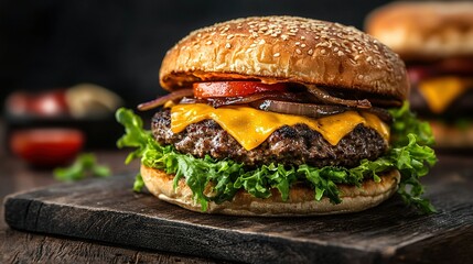   A cheeseburger with bacon, lettuce, and onions on a wooden cutting board on a table