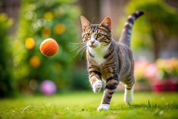 Tabby cat running towards ball in green garden