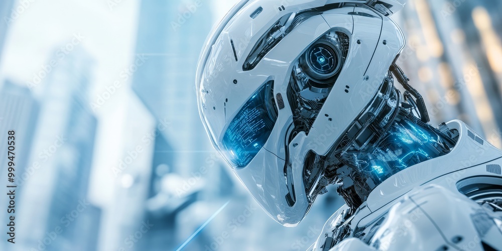 Poster a futuristic building with visionary design, featuring robotic elements, ai integration, and a high-