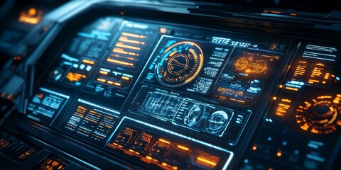 Obraz premium A cutting-edge space mission dashboard, with glowing digital gauges, orbit projections, and advanced control panels.