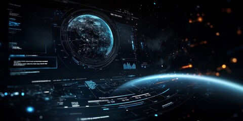 A sleek, futuristic space app interface with holographic navigation, interactive planet tracking, and dynamic data visualization.