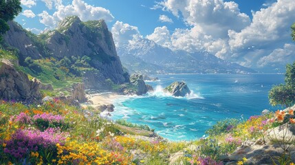 Serene Coastal Landscape with Vibrant Wildflowers