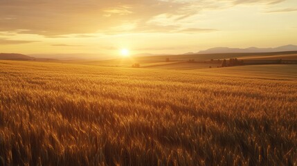 Obraz premium Golden Wheat Field at Sunset Over the Horizon