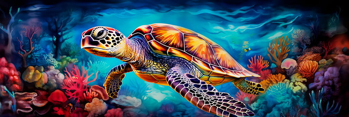 Beautiful sea turtles in the sea, ornate patterns and intricate designs on their shells.