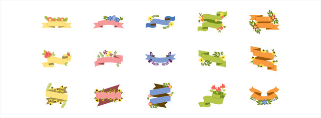 Flower Label Name flat illustration set. Vector art illustration isolated.