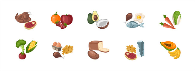 Food Nutrient flat illustration set. Include of healthy, food, nutrient, and vitamins. Vector illustration isolated.