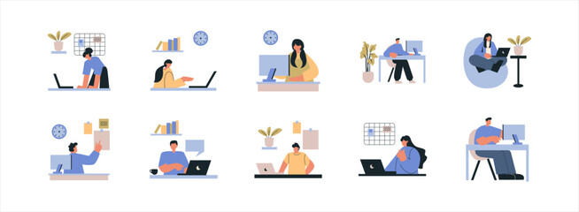 Fototapeta premium Freelancer flat illustration set. Include of computer, work, freelance, laptop, and workplace. Vector illustration isolated.