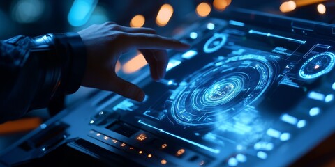 Obraz premium A modern digital control interface for space exploration, with touch-sensitive holographic buttons and real-time star tracking.