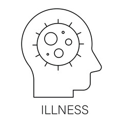 Vector icon for Illness. Human head with virus symbol representing sickness, health issues, and medical diagnosis.