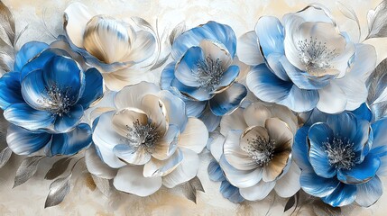   A collection of blue and white blossoms perched atop a white and beige backdrop adorned with shimmering foliage