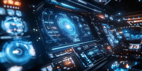 Fototapeta premium A modern digital control interface for space exploration, with touch-sensitive holographic buttons and real-time star tracking.