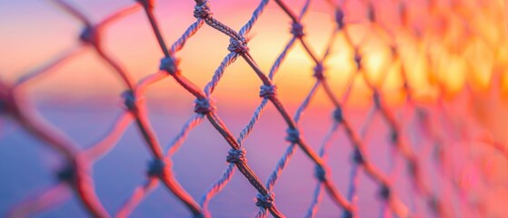 Fototapeta premium Interwoven Patterns at Sunset, a close-up view of intricate netting bathed in warm hues, highlighting textures against a backdrop of a serene and vibrant evening sky.