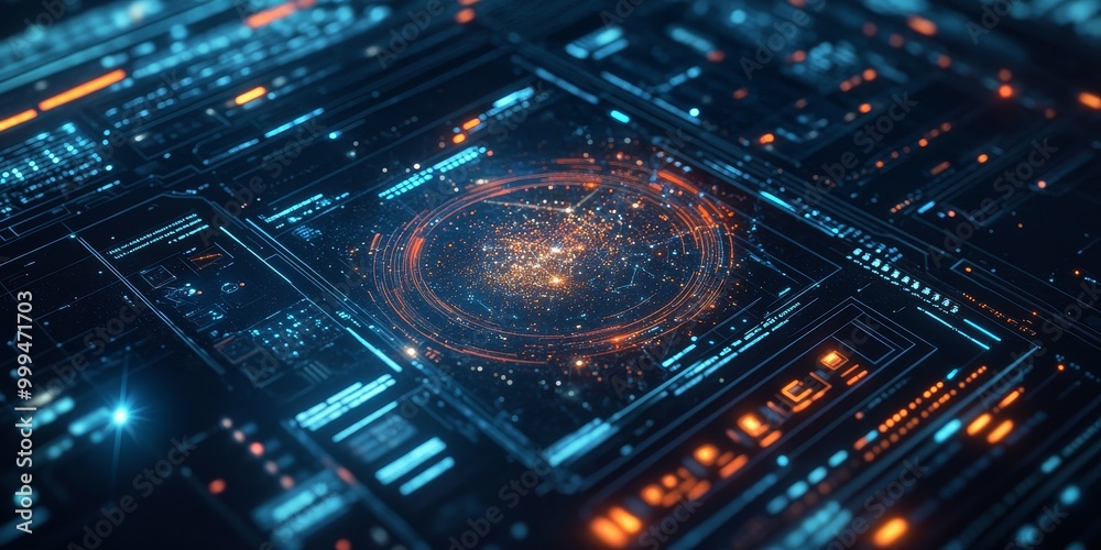 Poster A futuristic interface layout featuring interactive space navigation, glowing data grids, and dynamic star charts in a sleek design.