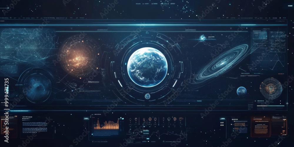 Poster High-tech, modern interface designed for space exploration, with responsive holographic buttons and minimalist celestial maps.
