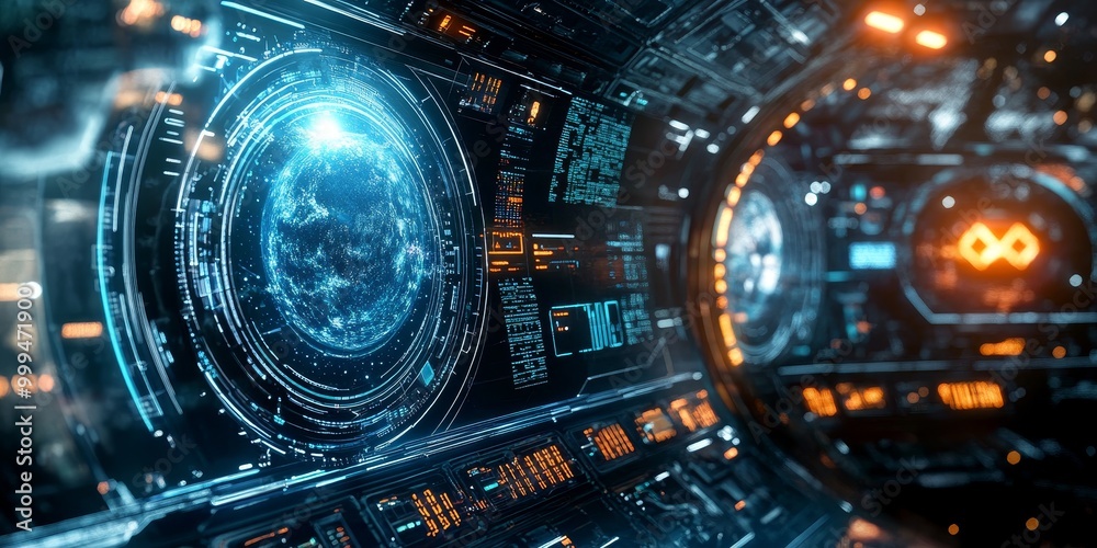 Poster advanced tech elements in a space interface, with dynamic orbit controls, holographic displays, and real-time cosmic data.