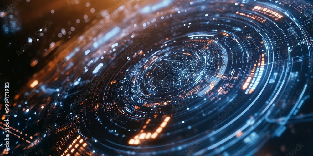 Poster advanced tech elements in a space interface, with dynamic orbit controls, holographic displays, and real-time cosmic data.
