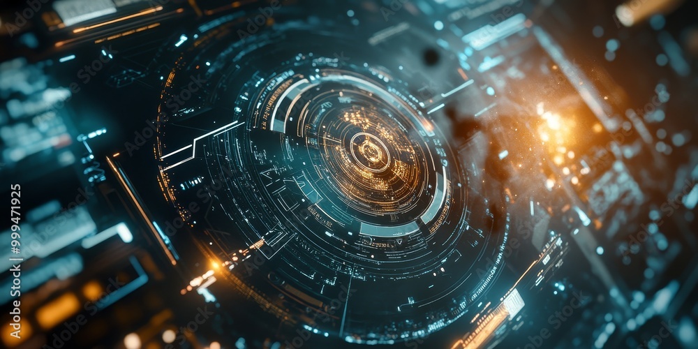 Aufkleber advanced tech elements in a space interface, with dynamic orbit controls, holographic displays, and real-time cosmic data.