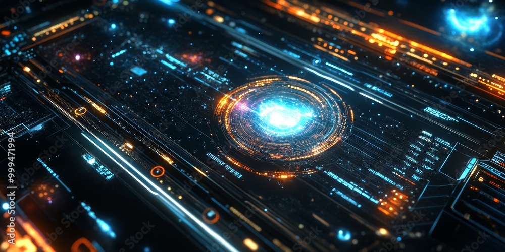 Poster A futuristic tech interface with space-inspired design elements, including holographic controls, dynamic star fields, and responsive data visualization.