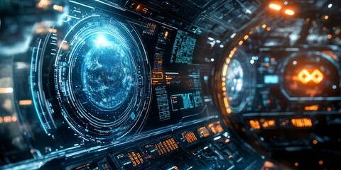 advanced tech elements in a space interface, with dynamic orbit controls, holographic displays, and real-time cosmic data.