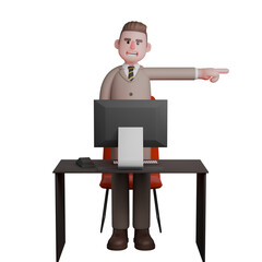 Professional Judicial Male. A male lawyer is seen standing up from his work chair with his left hand straight to the side while pointing and in front of him there is a work desk with a monitor screen