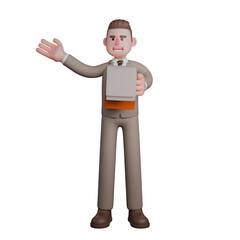 Illustration of 3D Male Lawyer. A male lawyer is standing with his left hand holding a clipboard and his right hand raised upwards, as if explaining something. Professional Cartoon