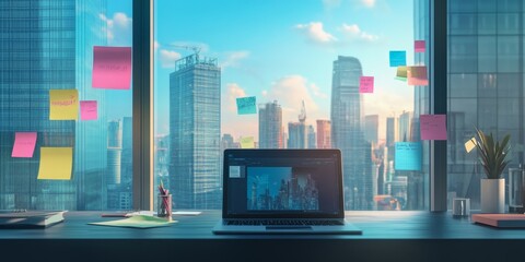 The texture of sticky notes on a laptop in a shared workspace, with the city visible outside through large windows