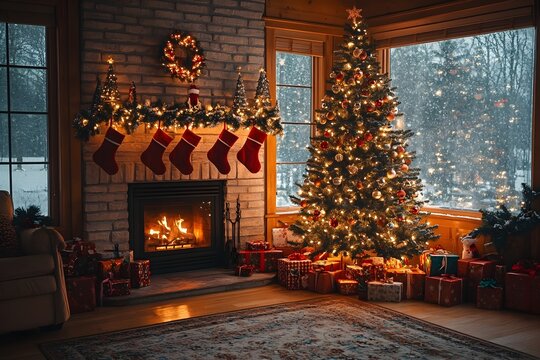Cozy Christmas Living Room with Sparkling Tree