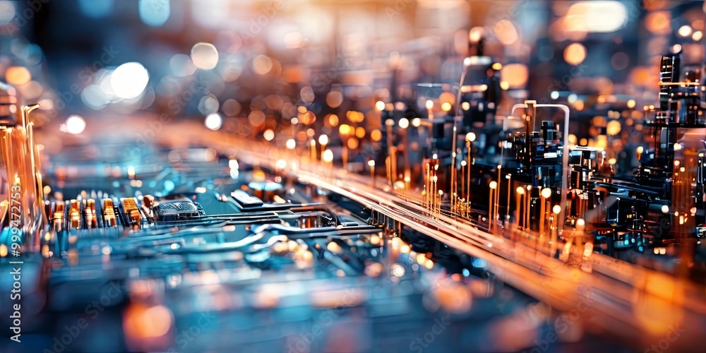 Poster a cityscape with a lot of lights and a computer chip