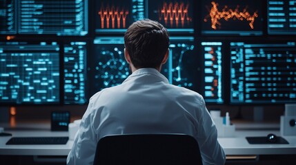 A scientist in a lab coat analyzes complex data on multiple screens, surrounded by high-tech visualizations.