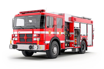 Bright red fire truck or engine isolated on white background. Concept of emergency vehicles and firefighting equipment