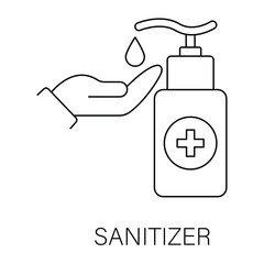 Vector icon for Sanitizer. Hand using sanitizer bottle representing hygiene and health safety measures.